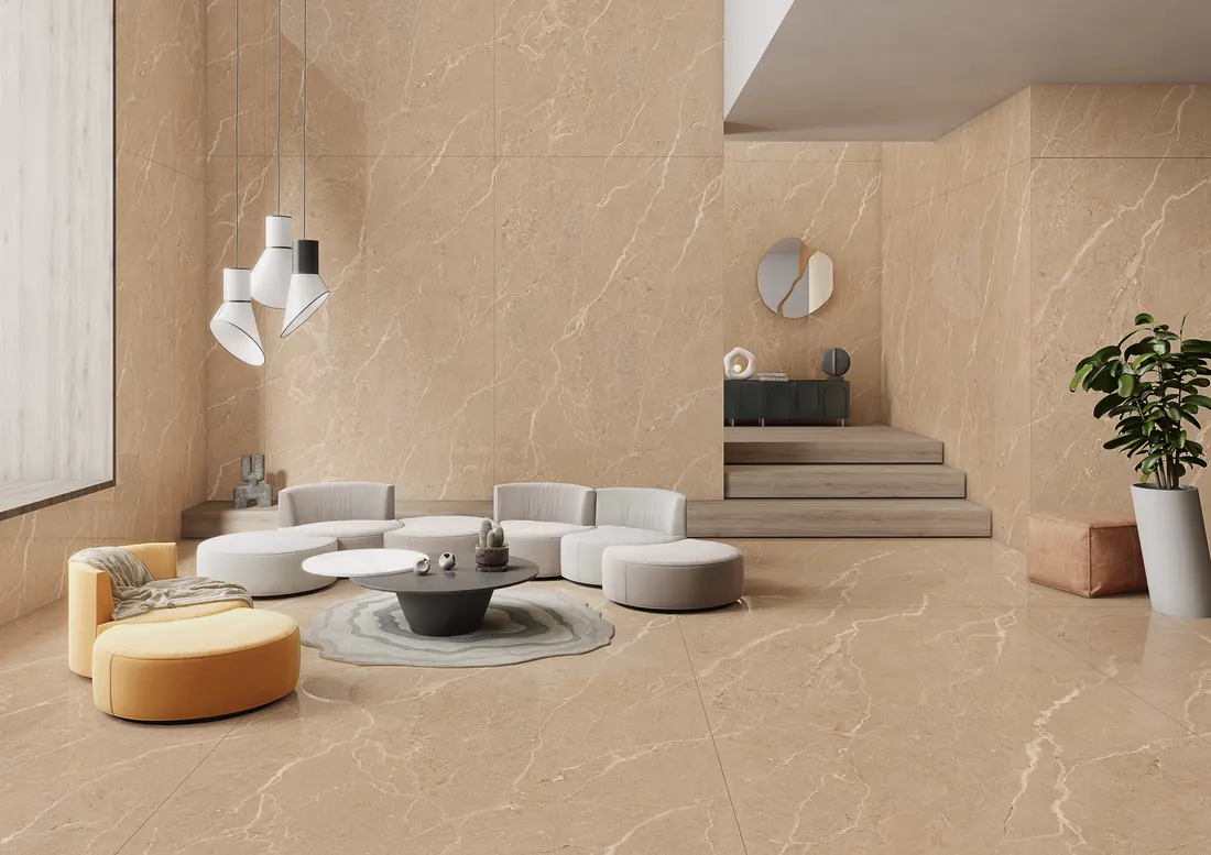 Atlantis Brown tiles covering the floor and double-height walls of a lounge with curved seating
