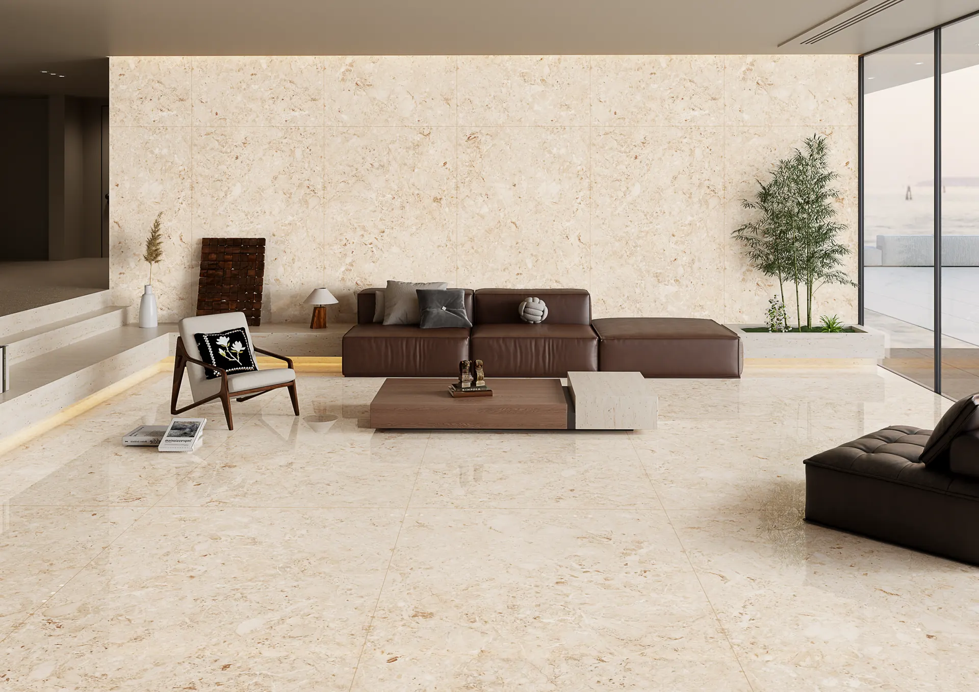 Breccia Arora tiles as a polished cream floor and feature wall in an open-plan living room