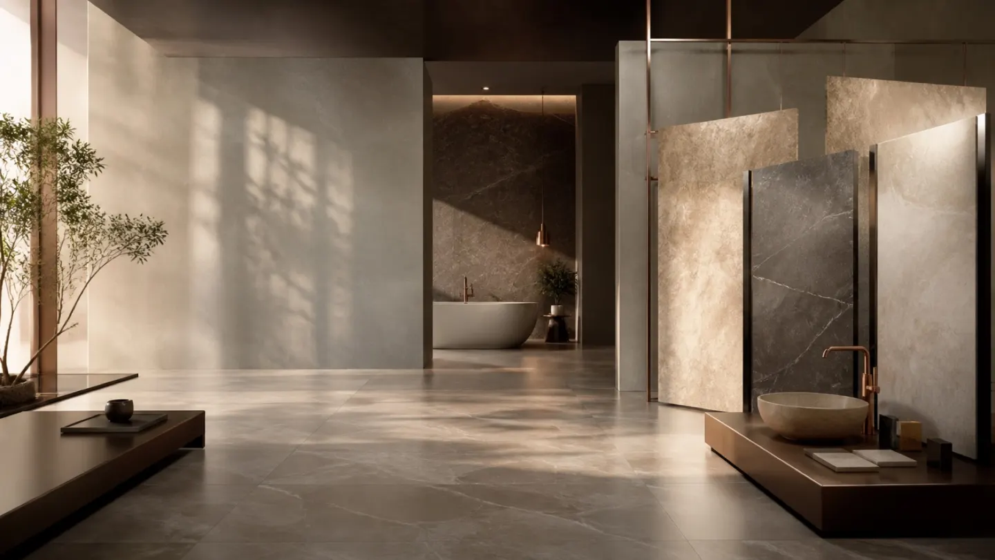 Showroom display of large-format stone-look tile slabs standing on a polished tiled floor