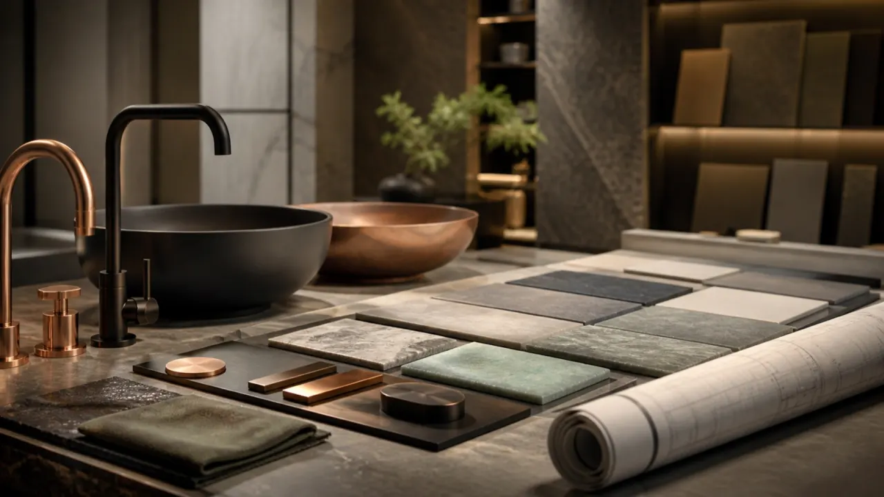 Tile samples laid out beside rolled architectural drawings on a stone counter